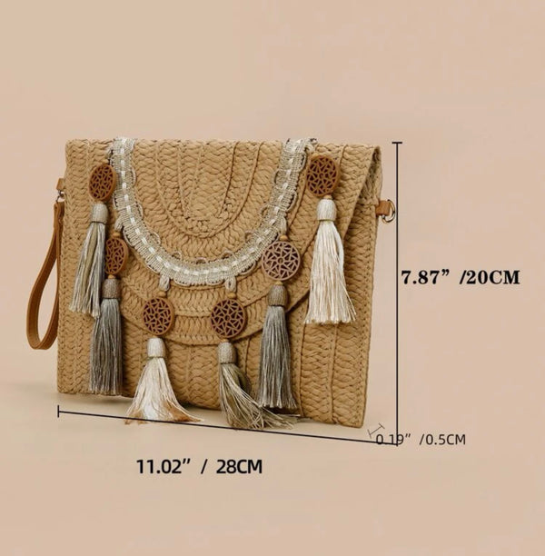 Tassel decor flap straw bag
