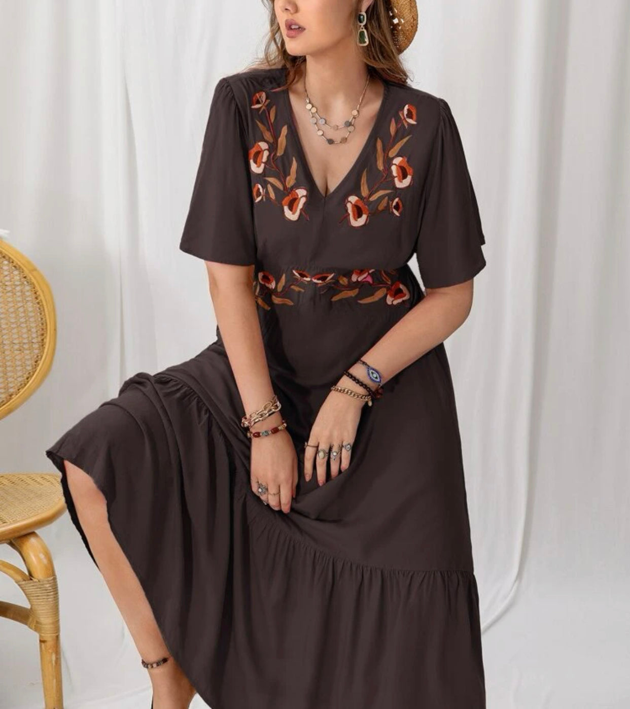 Curve & plus embroidered butterfly sleeve ruffle hem dress