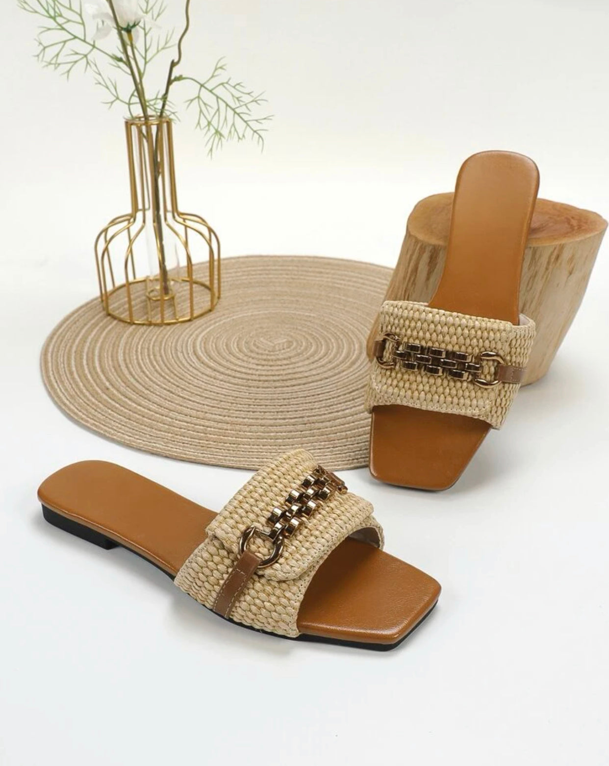 Chain decor braided detail slide sandals