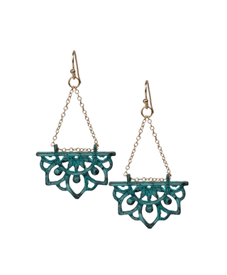 Lotus Flower Gold and Patina Boho Chic Tribal Ethnic Fishhook Dangle Earrings