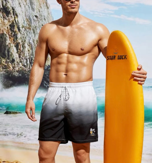 Men Ombre Palm Tree & Letter Graphic Drawstring Waist Swim Trunks