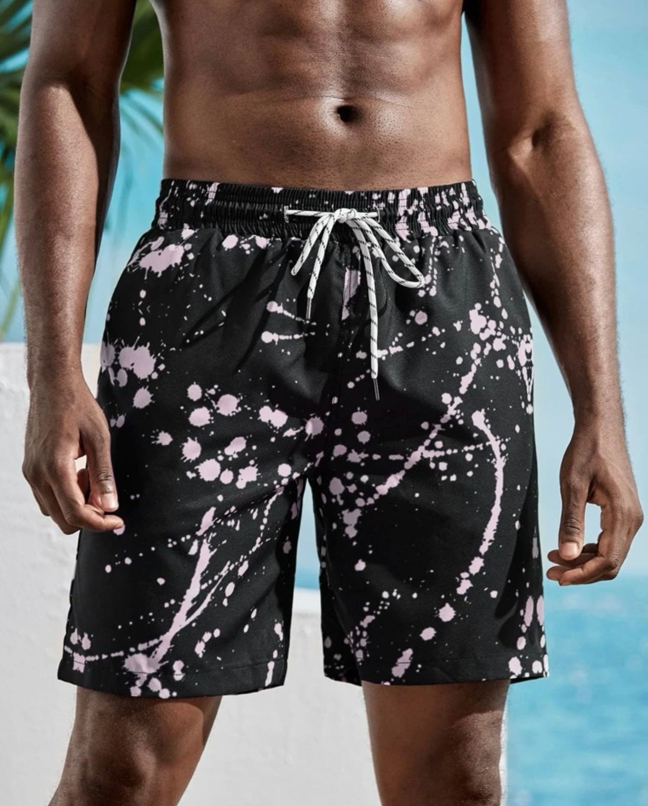 Men splatter painting drawstring waist swim trunks