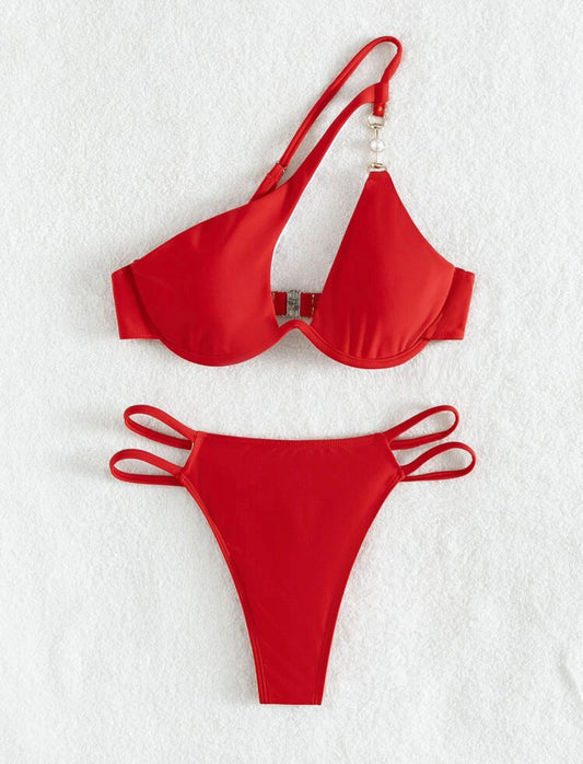 Red Pearl decor underwire bikini swimsuit
