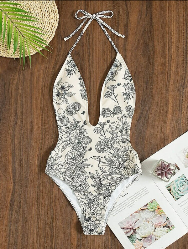 Floral print plunging one piece swimsuit