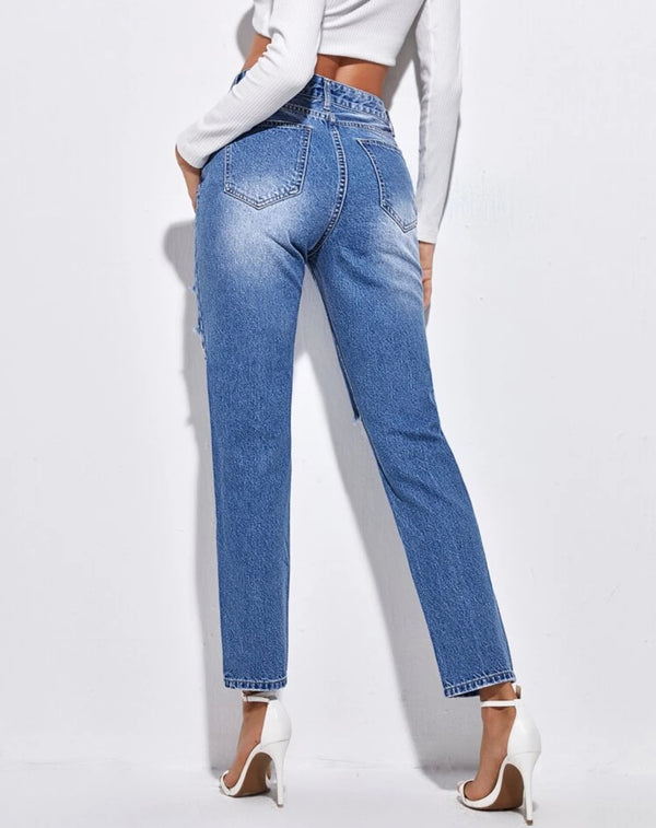 High waisted bleach wash ripped mom jeans