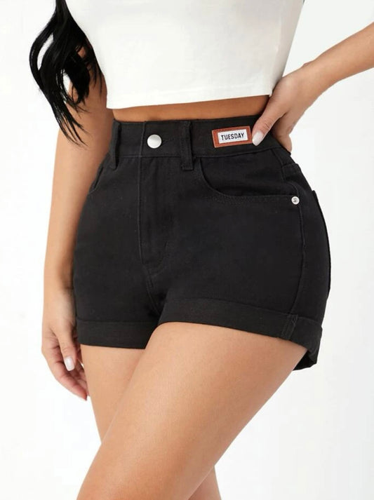 Petite letter patch detail roll hem denim shorts