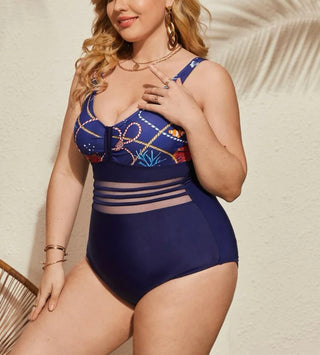 Curve and plus contrast mesh one piece swimsuit
