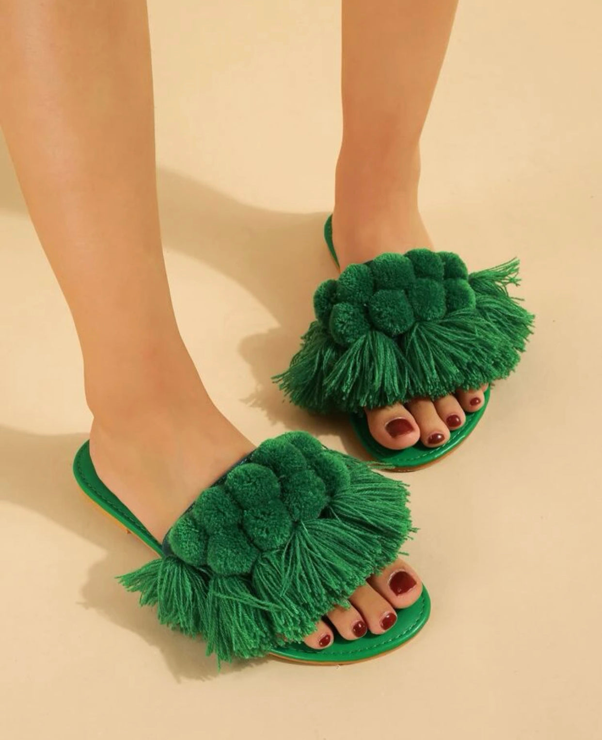 Green tassel & Pom Pom decor slide sandals
