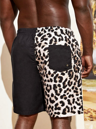 Extended sizes men leopard and slogan graphic drawstring waist swim trumks