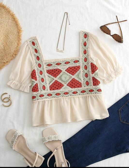 Woman’s puff sleeve square neck 2 in 1 blouse
