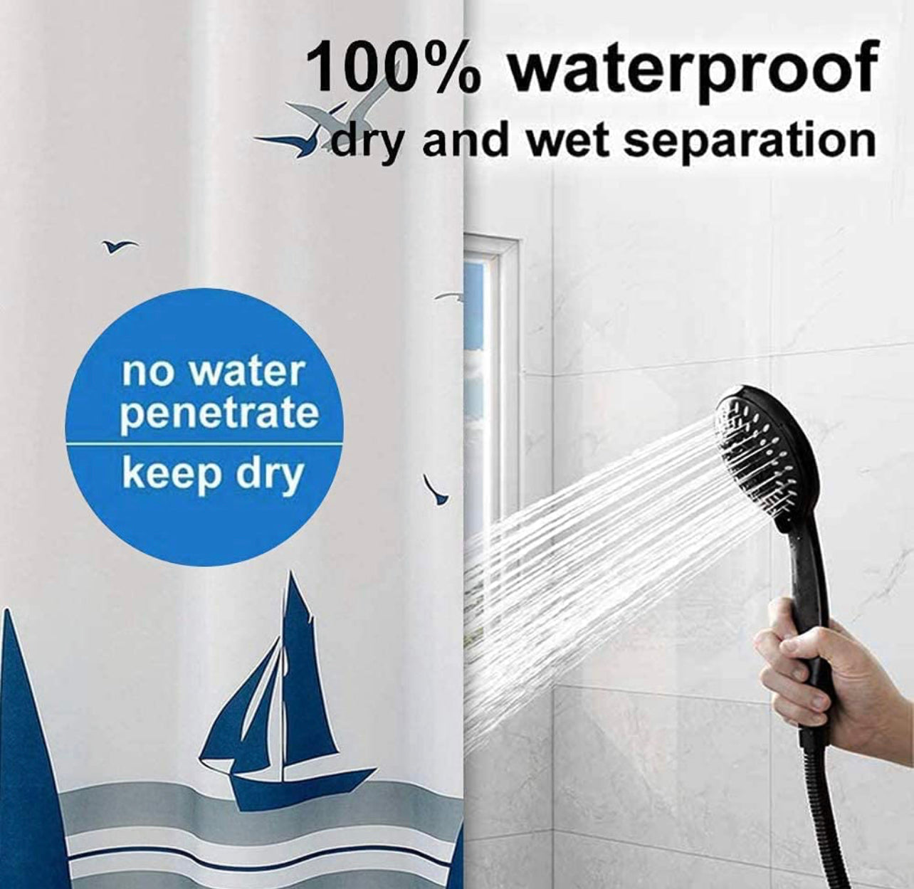 Shower Curtain, Blue and White Nautical Fabric Shower Curtain, Weighted Hem & Washable Sailboat Bathroom Curtains with 14 Hooks (72x72 Inch)