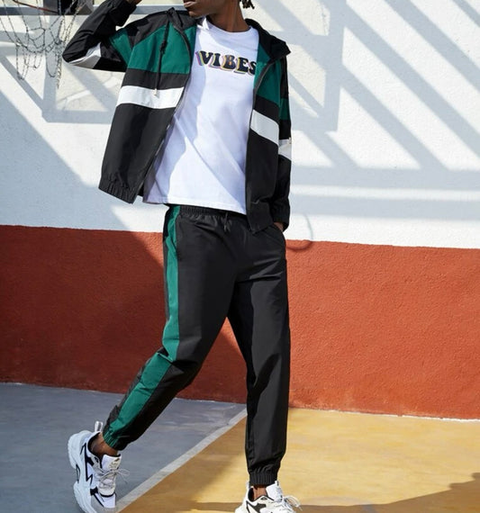 Men colorblock drawstring hooded sports set