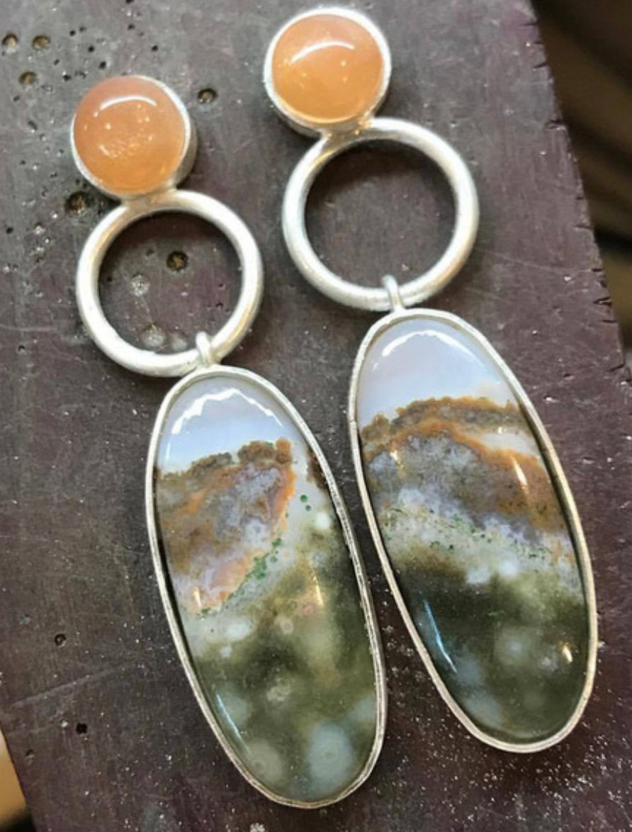 Unique vintage style silver ocean jasper and sunstone dangle earrings. - Christina’s unique boutique LLC