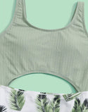 Teen Girls Plant Print Cut Out One Piece Swimsuit