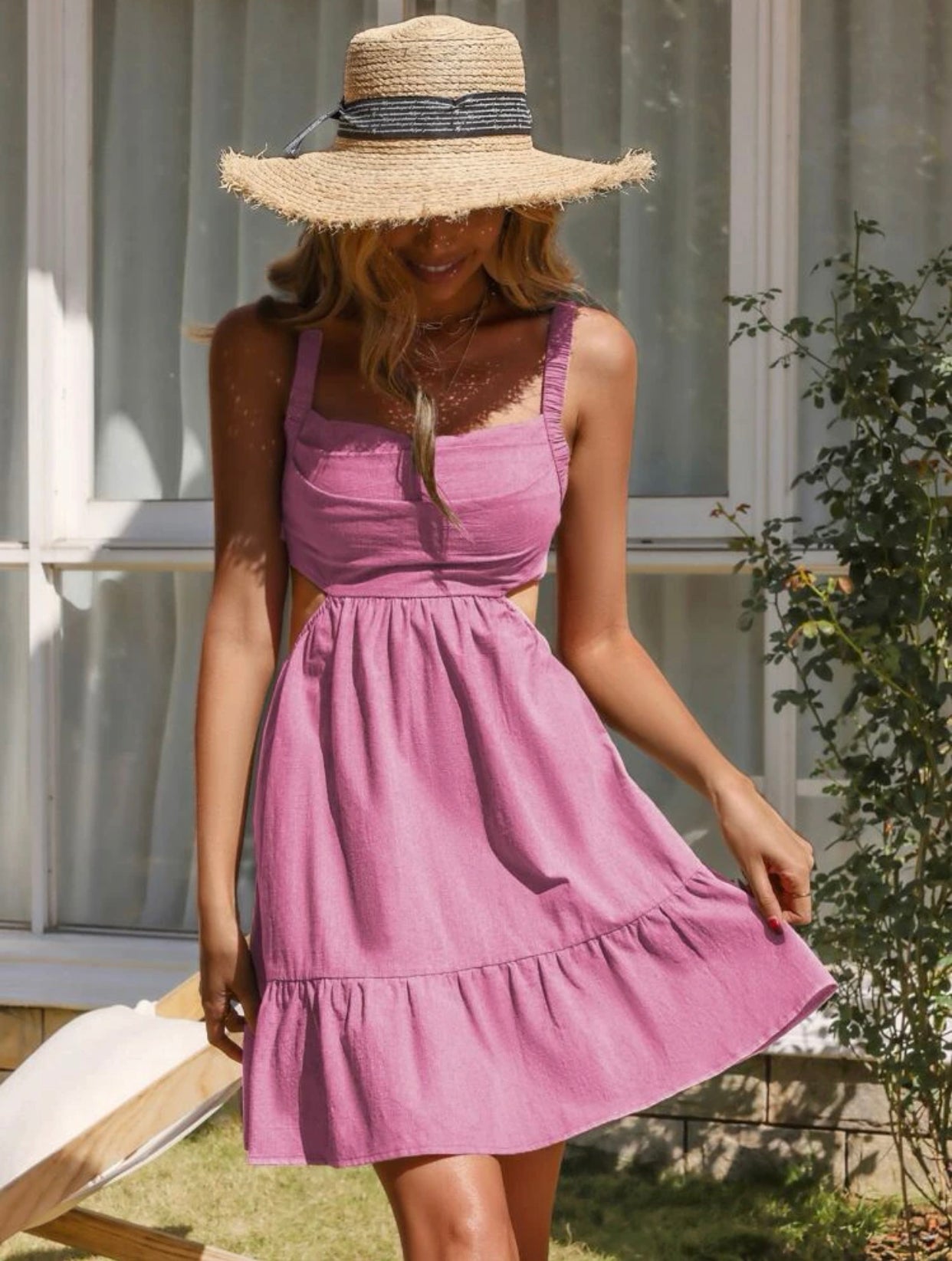Dusty pink backless ruffle hem cami dress