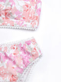 Pink & peach allover print contrast lace bikini swimsuit