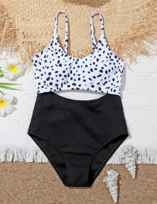 Girls Dalmatian Print Cut-out One Piece Swimsuit