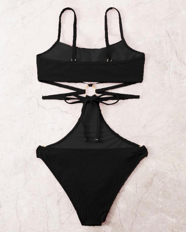 Textured ring linked cut-out one piece swimsuit