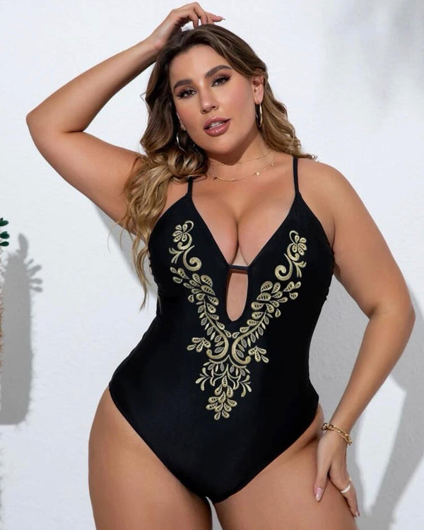 Curve & plus scroll embroidered cut out one piece swimsuit