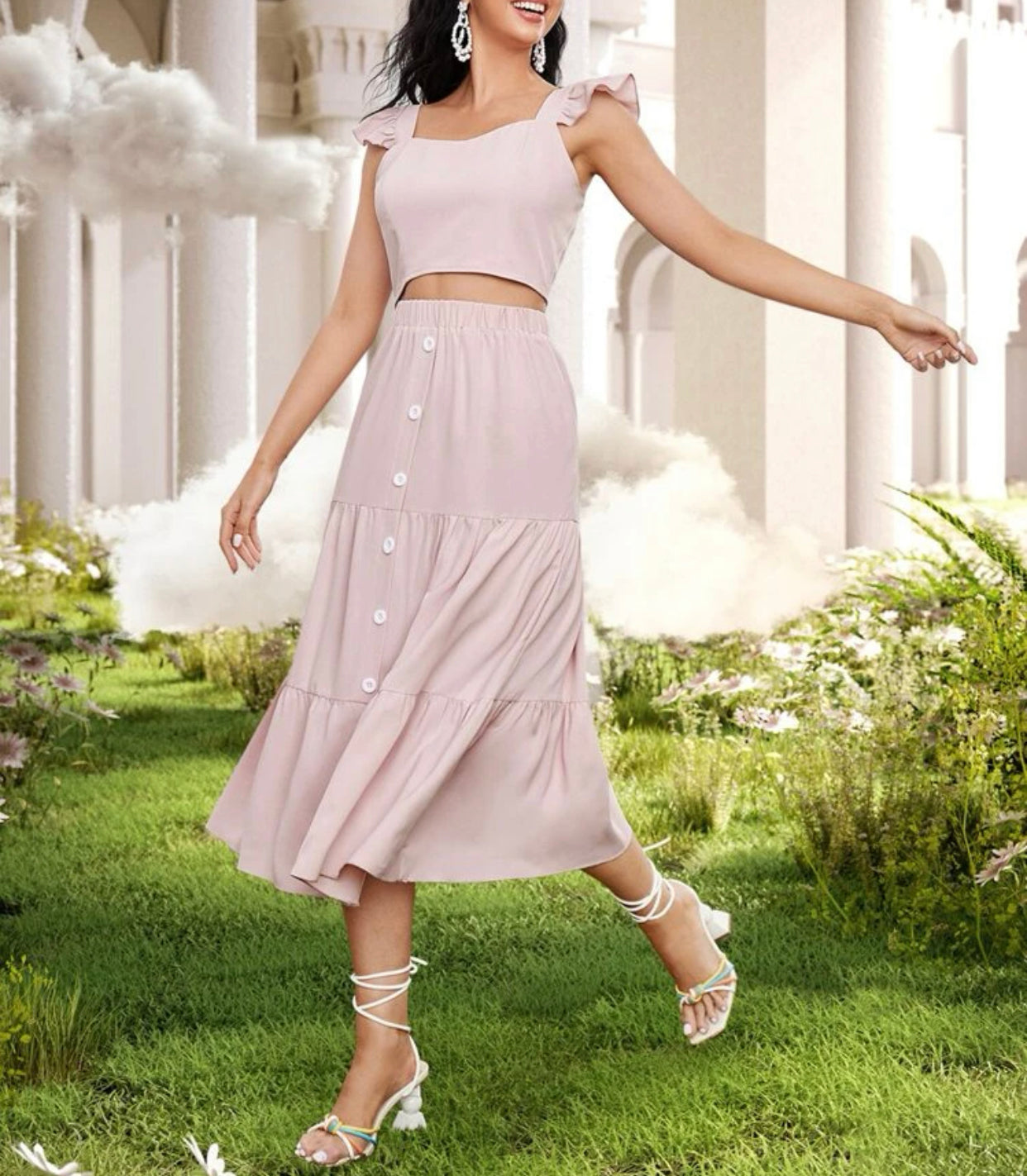 Ruffle trim top & bottom front ruffle hem skirt