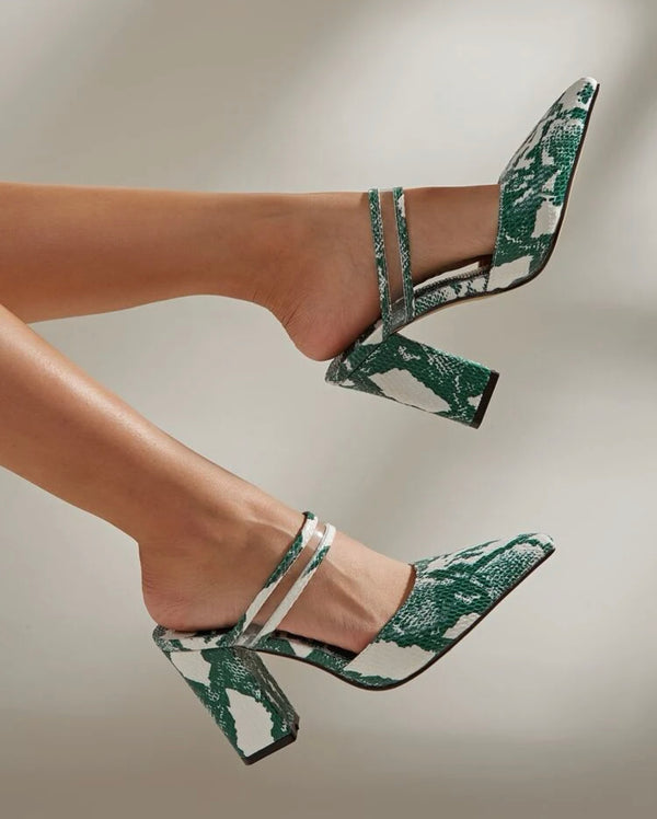 Vegan Snakeskin embossed point toe chunky heeled mules