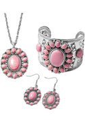 Jewelry Set Oval Floral Flower Earrings Cuff Bracelet Pendant Necklace for Women Boho Statement Stainless Steel Size 26