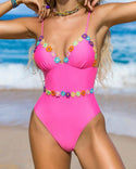 Neon pink appliqués ruched one piece swimsuit