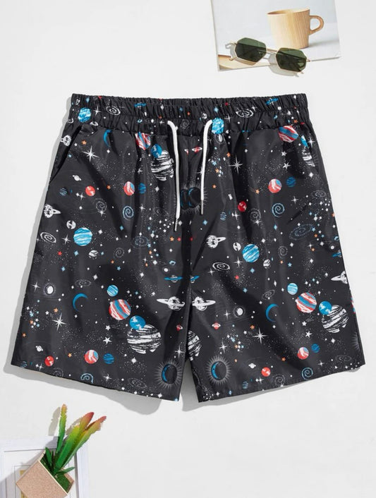 Men’s planets print drawstring swim trunks