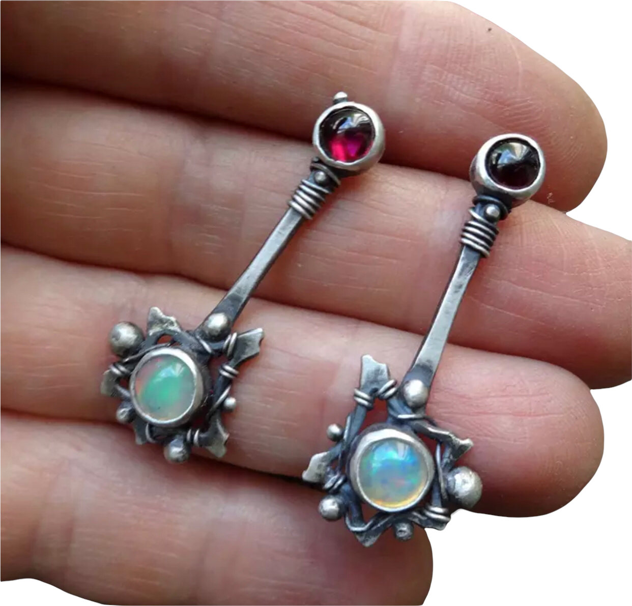 Retro Red Crystal White Opal Moonstone Earrings Charming Jewelry Antique Silver Color Flower Metal Drop Earrings