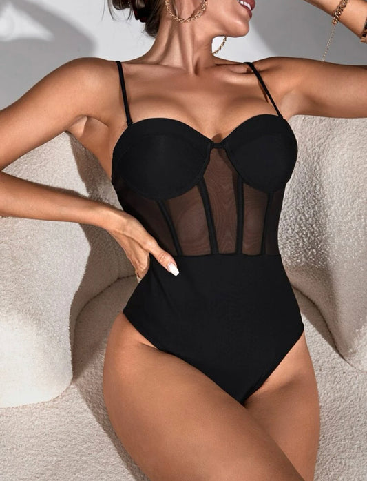 Mesh insert push up high cut one piece swimsuit