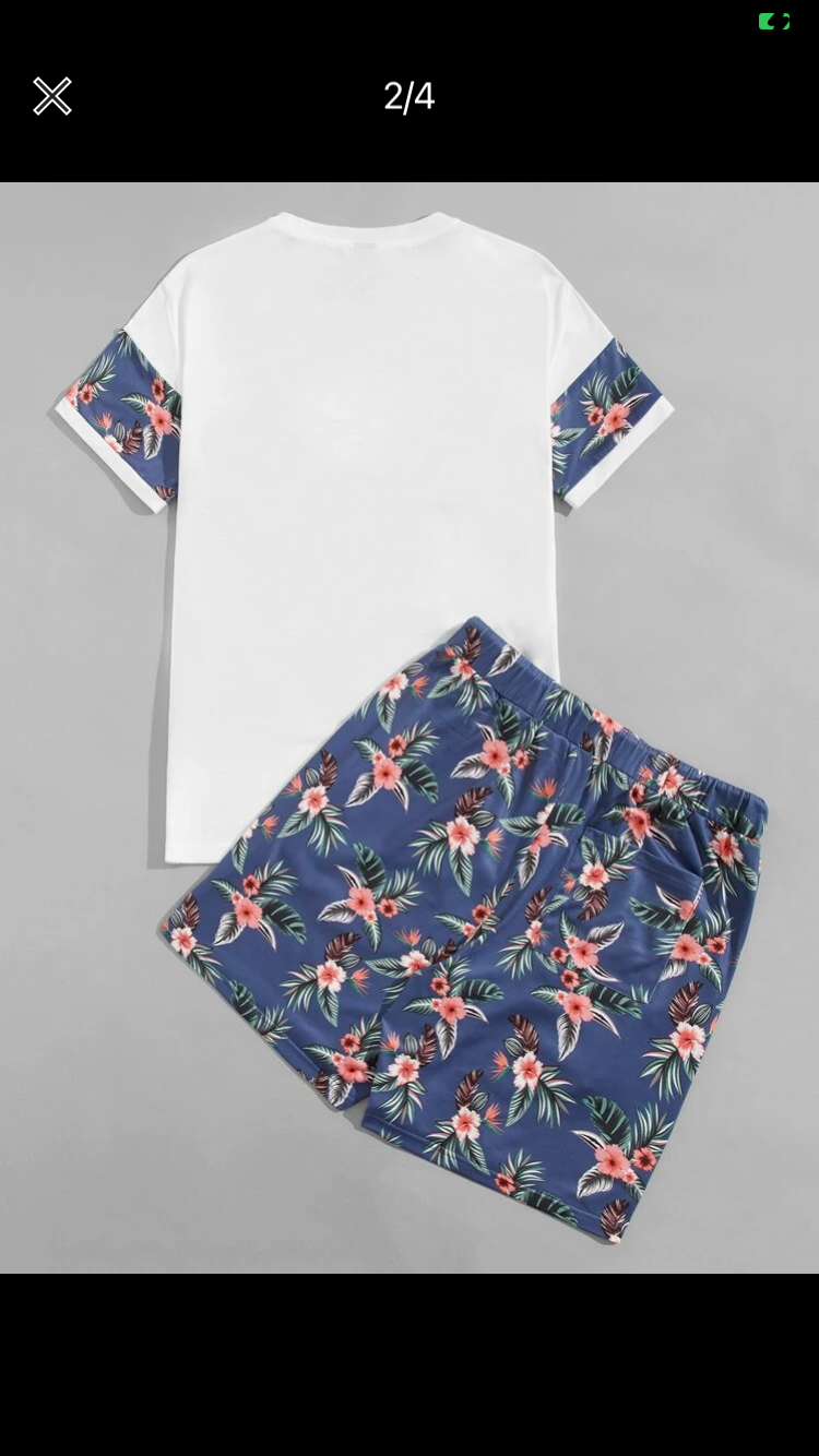 Men Tropical Print Tee & Drawstring Waist Shorts