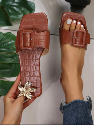 Brown vegan crocodile embossed buckle  decor slide sandals