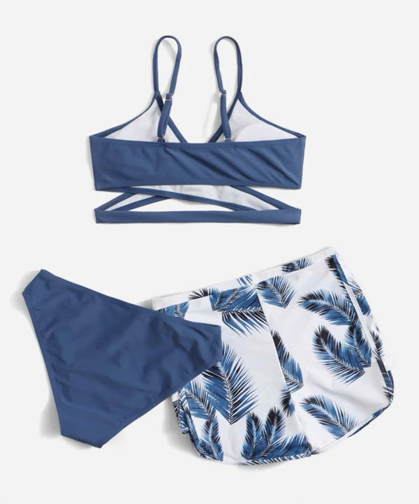 Teen girls plant print wrap bikini swimsuit with beach shorts