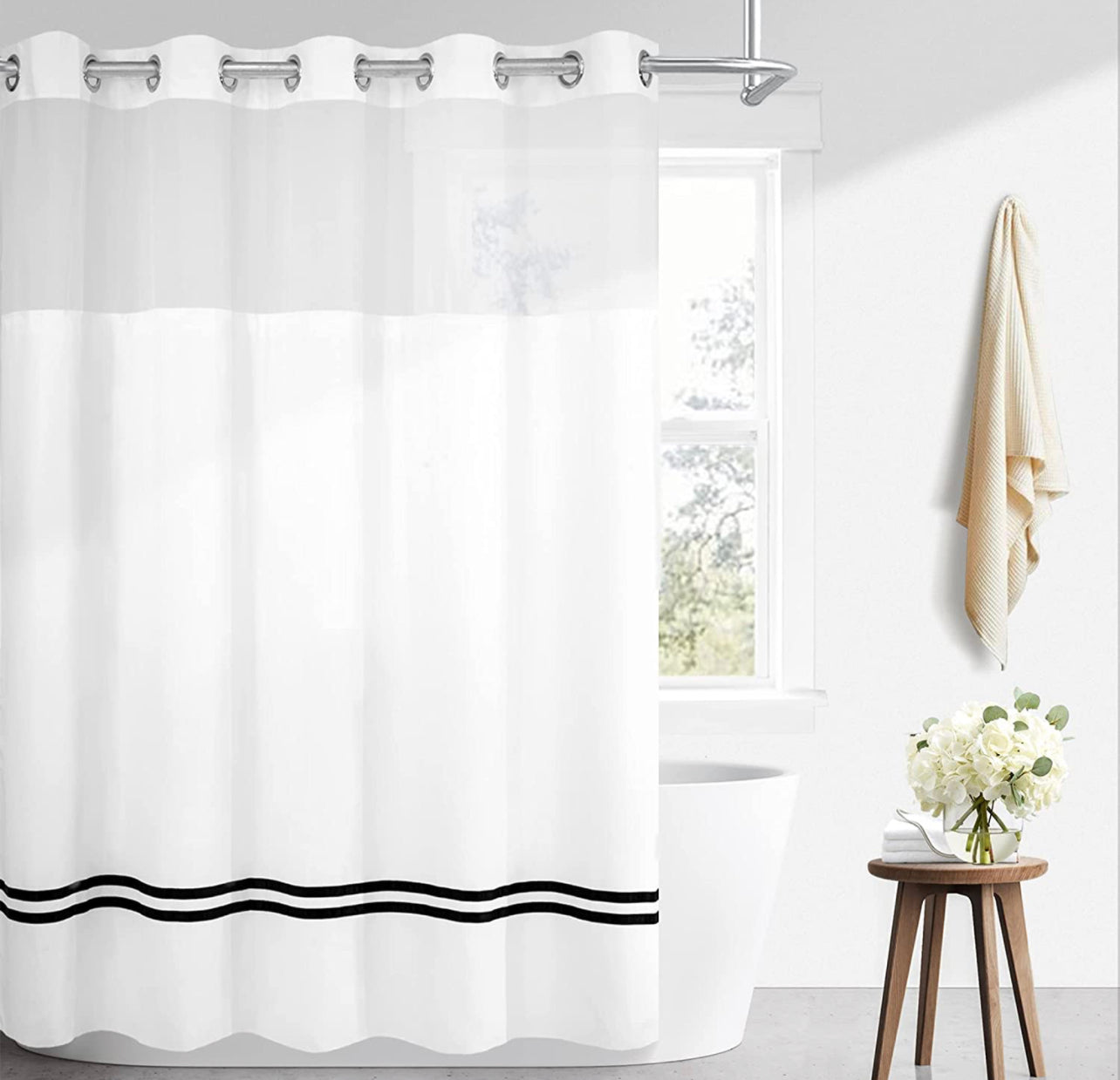 Fabric Shower Curtain with Snap in Liner,Satin Accent Black Stripe,No Hooks Needed,Sheer Window,Magnets,Chrome Split Rings,71Wx74H,White