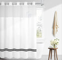 Fabric Shower Curtain with Snap in Liner,Satin Accent Black Stripe,No Hooks Needed,Sheer Window,Magnets,Chrome Split Rings,71Wx74H,White