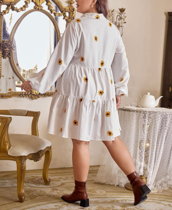 Curve & plus floral print lantern sleeve ruffle hem smock dress