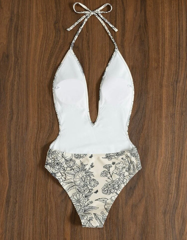 Floral print plunging one piece swimsuit