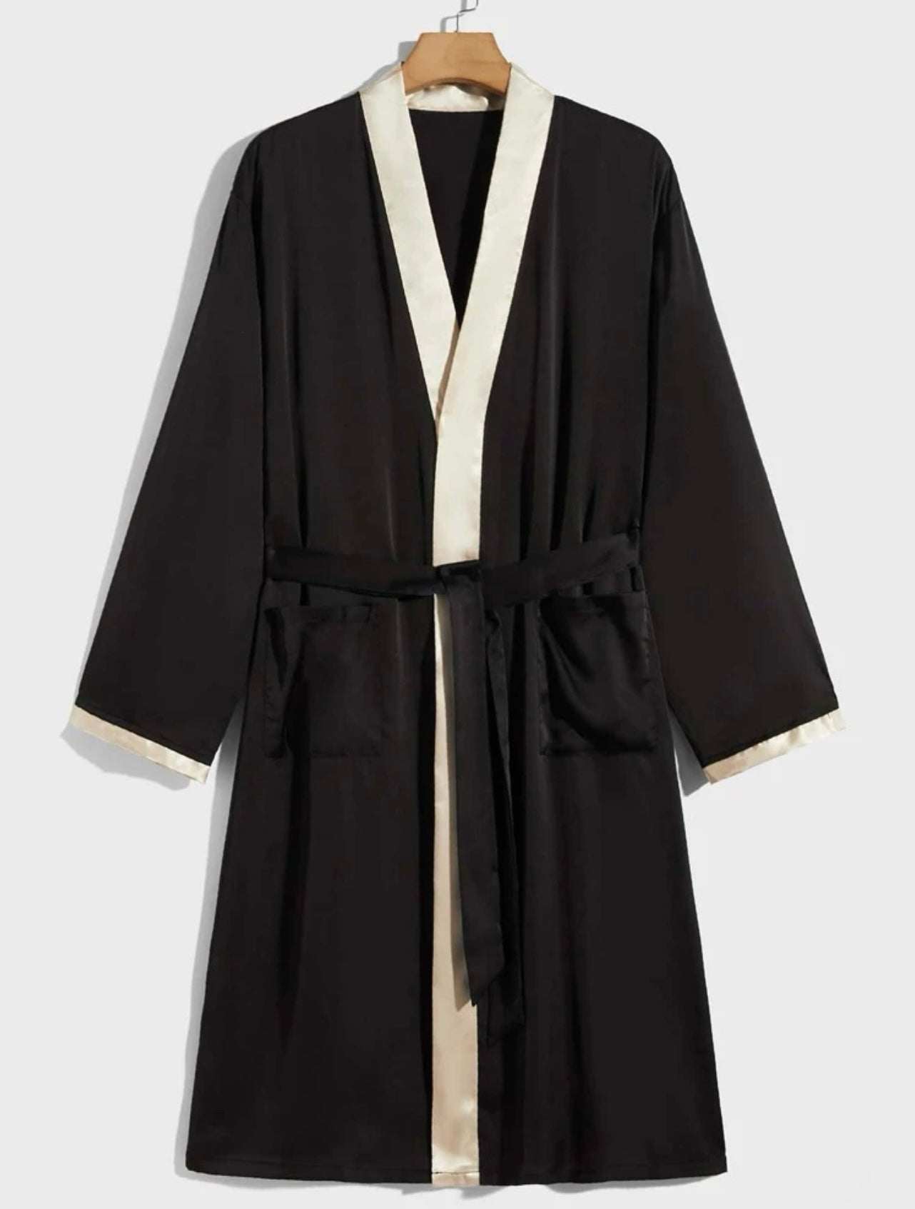 Men contrast trim dual pocket open front belted satin sleep robe