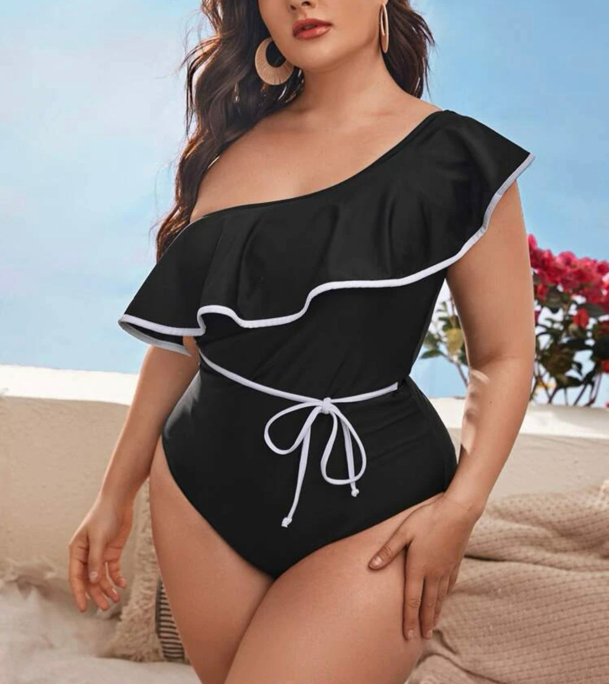 Curve & plus ruffle knot one piece swimsuit