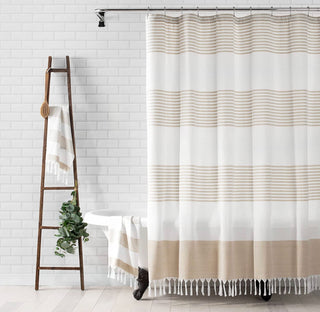 Buy beige Boho Harper Stripe Knotted-Tassel Fabric Shower Curtain, 72 Inches by 72 Inches