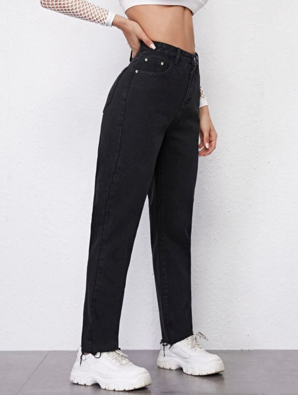 Black high waisted raw hem straight jeans