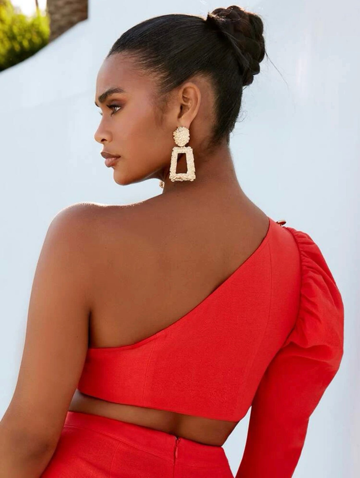 Coral orange, one shoulder button detail crop top