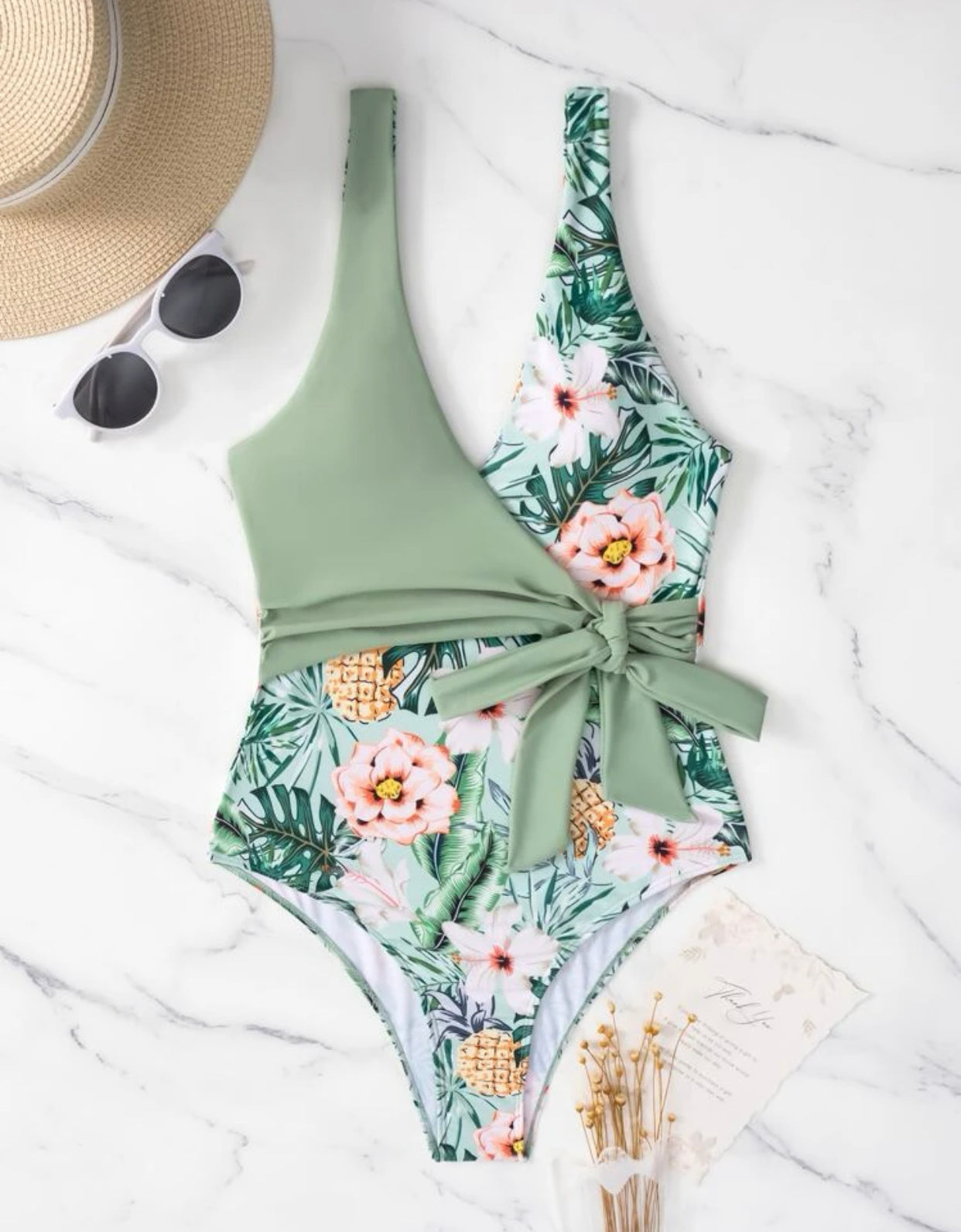 Tropical print knot side belted one piece swimsuit