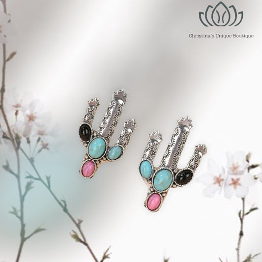 Turquoise decor cactus shaped stud earrings - Christina’s unique boutique LLC