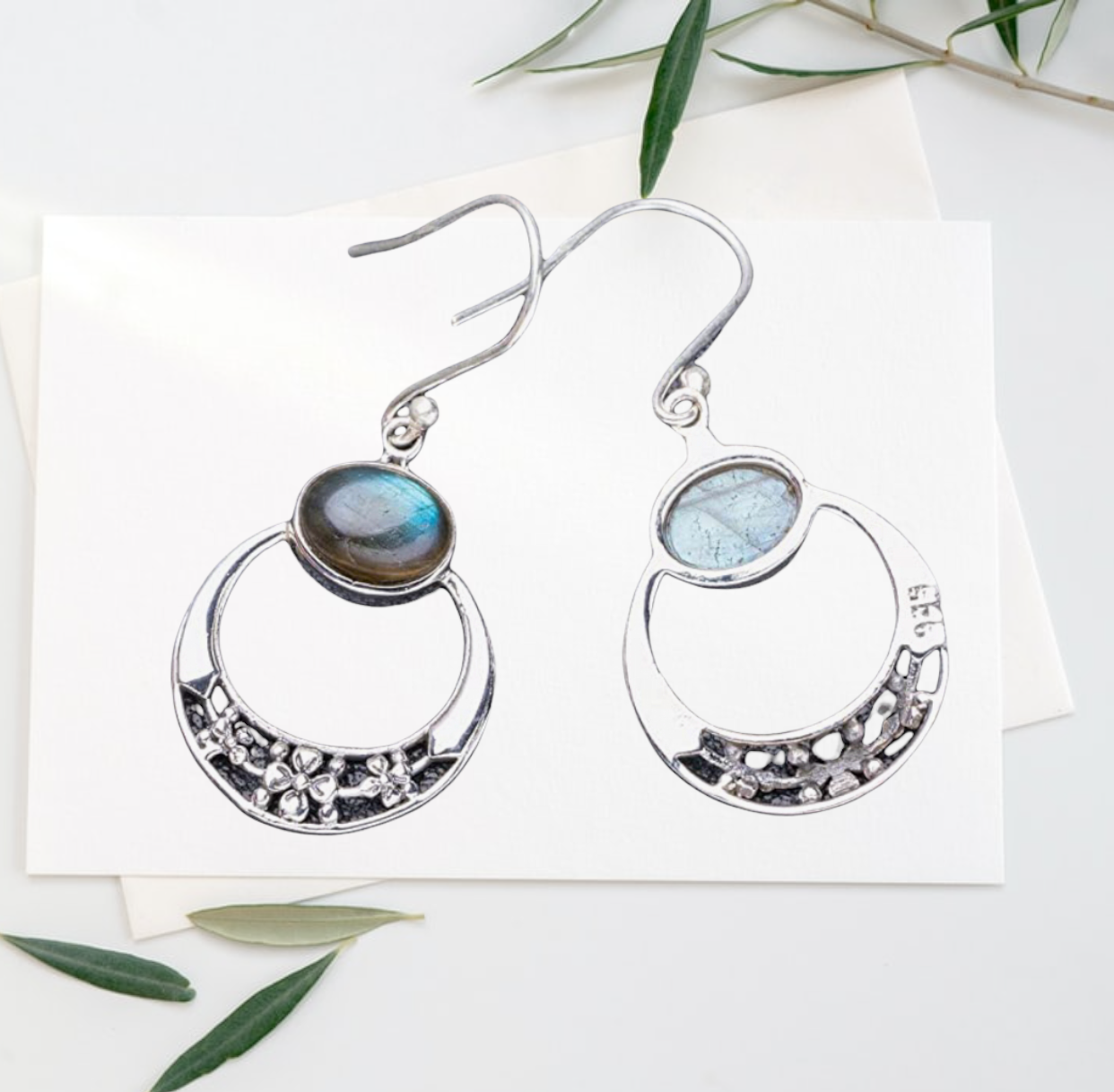 Natural Blue Fire Labradorite Half Moon Handmade 925 Sterling Silver Earrings 1.5"