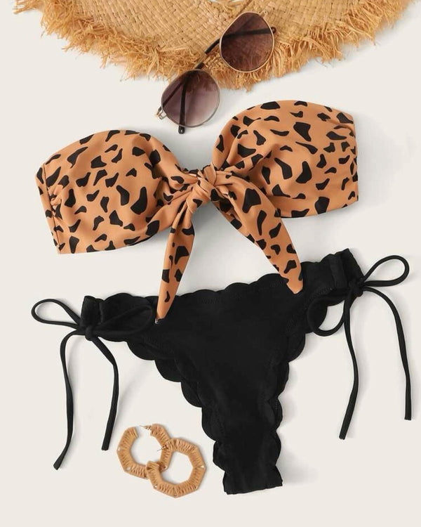 Graphic print knot front bandeau bikini swimsuit