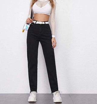 Black high waisted raw hem straight jeans