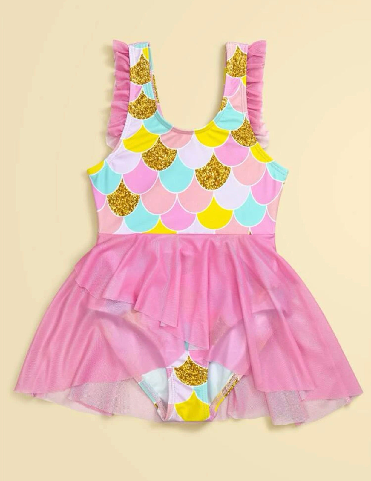 Toddler girls fish scale print contrast mesh one piece swimsuit