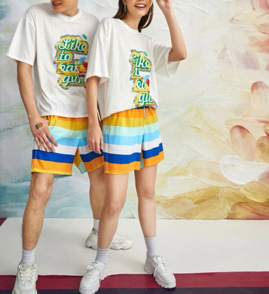 UNISEX 1 pc Striped print drawstring waist swim