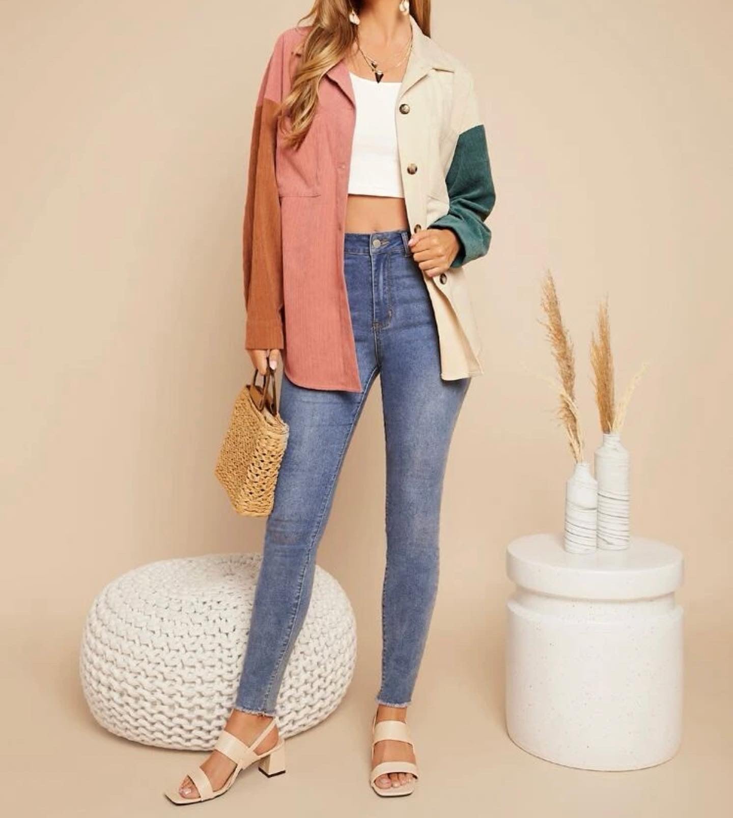 Colorblock button up corduroy coat